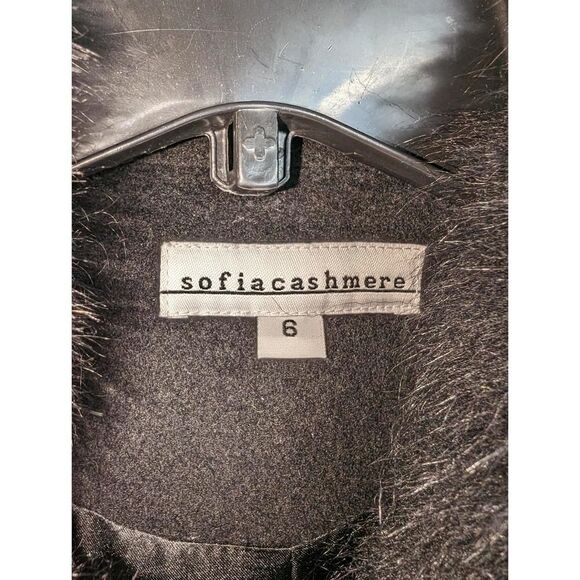 Sofia Cashmere Jacket Pea Coat Black Wool Blend Shearling Trim Size 6 - Picture 3 of 6